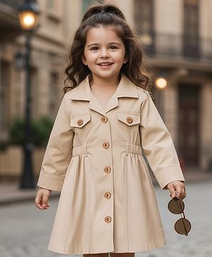 Babyhug Twill Woven Full Sleeves Solid Color Shirt Dress - Beige