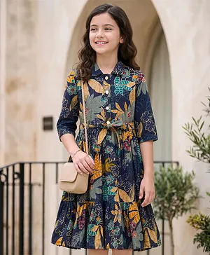 Kookie Kids Woven Three Fourth
                              Sleeves Party Dress With Floral Print
                              & Belt - Navy Blue