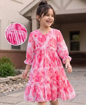 Kookie Kids Georgette Woven Three
                              Fourth Sleeves Frock With Floral Print -
                              Pink