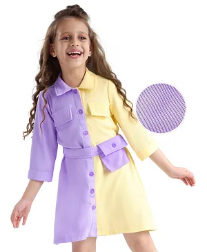 Hola Bonita Knit Three Fourth
                                  Sleeves Textured Fabric Shirt Dress
                                  & Belt - Yellow & Lilac