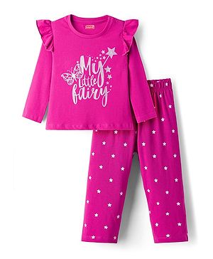 Babyhug Cotton Knit Full Sleeves Night Suit With Text Print - Pink