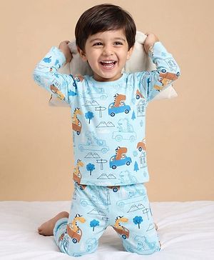 Babyhug Cotton Knit Full Sleeves Co-ords Night Suit With Vehicle Print - Light Blue