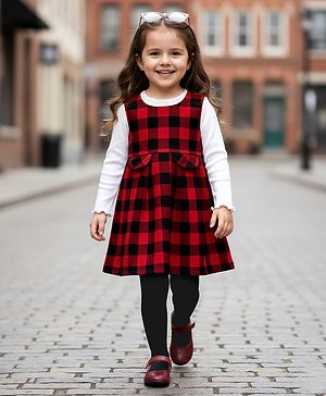 Babyhug Cotton Woven Full Sleeves Checks Printed Frock With Inner Tee & Leggings - Maroon & White