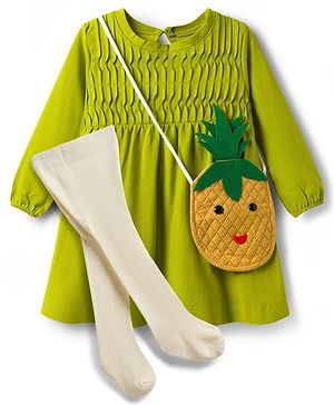 Babyhug Cotton Knit Full Sleeves Frock with Stockings & Sling Bag - Green
