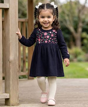 Babyhug 100% Cotton Knit Full Sleeves Floral Embroidered  Frock With Leggings - Navy Blue