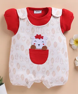 Wonderchild Half Puffed Sleeves Top
                              With Sheep Printed & Patch Detailed
                              Dungaree - Red & Skin