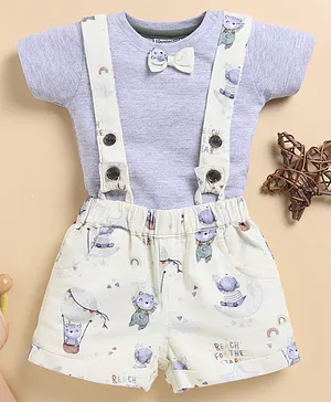Wonderchild Half Sleeves Bow Applique
                              Detailed Tee With Bear Printed Gallice
                              Shorts - Grey & Lemon