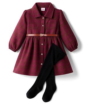 Babyhug Cotton Woven Full Sleeves Checks Frock With Leggings & Belt - Wine