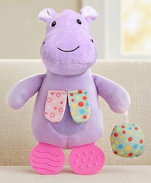 Babyhug Height 22.5 cm Hippo Activity Plush Toy with Teether Legs, Crinkle Fabric & Squeeze Ball - Purple | Soft Sensory Toy for Babies | Non-Toxic Cuddly Soft Toy | Ideal Gift for Infants