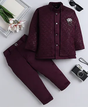 Fourfolds Jacquard Woven Full Sleeves Abstract Embroidered Sequins Embellished Sherwani With Pant & Jacket Set - Wine
