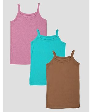 Kiddopanti Cotton Knit Pack Of 3 Sleeveless Solid Camisoles - Green Brown & Pink Melange