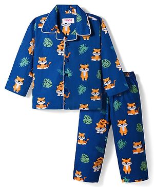 Babyhug Cotton Woven Full Sleeves Co-ords Night Suit With Animal Print - Navy Blue