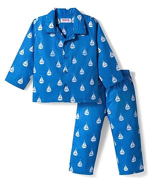 Babyhug Cotton Woven Full Sleeves Co-ords Night Suit With Boat Print - Blue