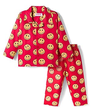 Babyhug Cotton Woven Full Sleeves Co-ords Night Suit With Smiley Print - Red