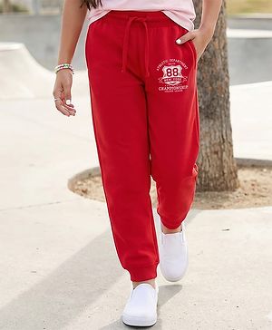 Pine Kids Knit Full Length Lounge Pant With Champion Text Print - Red