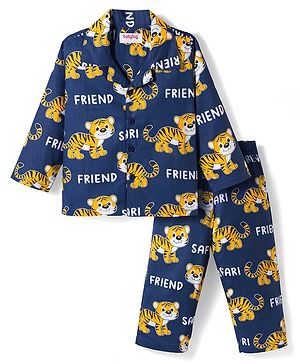 Babyhug Cotton Woven Full Sleeves Co-ords Night Suit With Animal Print - Navy Blue
