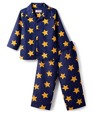 Babyhug Cotton Woven Full Sleeves Co-ord Night Suit With Star Print - Navy Blue