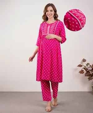 Bella Mama Woven Three Fourth Sleeves
                              With Embroidered Yoke Maternity Suit Set -
                              Pink