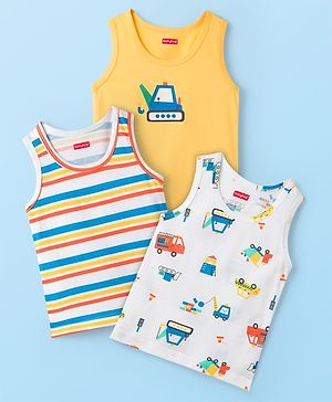 Babyhug 100% Cotton Knit Sleeveless Sando Vests With Stripes & Truck Print Pack of 3 - White & Yellow