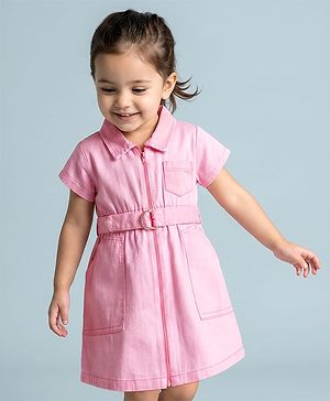 Babyhug Cotton Knit Half Sleeves Solid Color Frock with Belt - Pink