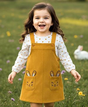 Babyhug Cotton Knit Full Sleeves Inner Tee & Frock With Heart Print & Rabbit Embroidery - Yellow & White