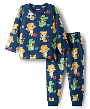 Babyhug Cotton Knit Full Sleeves Co-ords Night Suit With Animal Print - Navy Blue