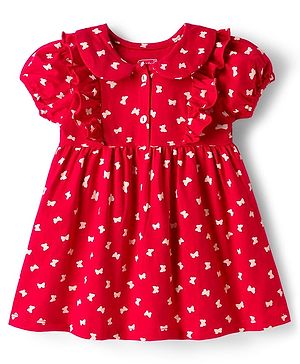Babyhug Cotton Knit Half Sleeves Frock With Butterfly Print - Red