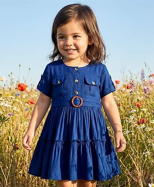 Babyhug Cotton Woven Half Sleeves Solid Frock - Navy Blue