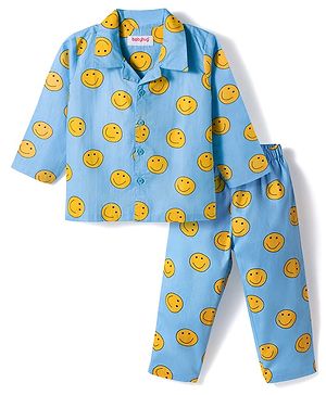 Babyhug Cotton Woven Full Sleeves Co-ords Night Suit With Smiley Print - Blue