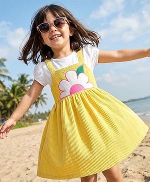 Babyhug Single Jersey Knit Half Puffed Sleeves Frock with Inner Tee & Floral Embroidery - Yellow & White