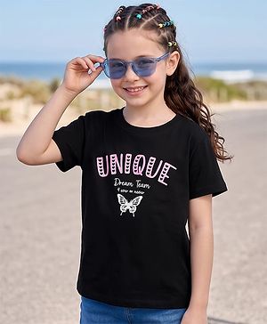 Kookie Kids Single Jersey Knit Half Sleeves T-Shirt With Unique Text Print - Black