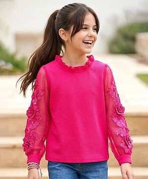 Pine Kids Woven Full Sleeves Top with Floral Embroidery - Dark Pink