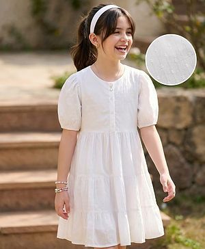 Pine Kids Cotton Woven Half Sleeves Frock with Swiss Dots - White