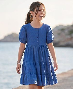 Pine Kids Cotton Woven Half Sleeves Frock with Texture Design -  Navy