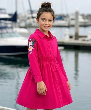 Pine Kids Cotton Woven Full Sleeves Frock With Floral Embroidery - Fuchsia