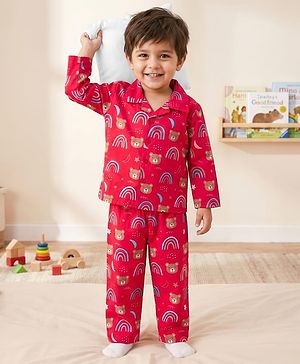 Babyhug Cotton Woven Full Sleeves Co-ord Night Suit With Teddy Bear & Unicorn Print - Red