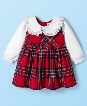 Babyhug Cotton Woven Full Sleeves Checkered Frock with Bow Applique - Red