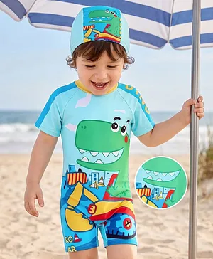 Mark & Mia Half Raglan Sleeves
                              Legged Swimsuit With Dino Print & Cap
                              - Blue