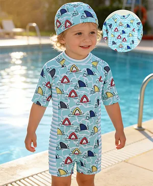 Mark & Mia Half Raglan Sleeves
                              Legged Swimsuit With Shark Print & Cap
                              - Blue