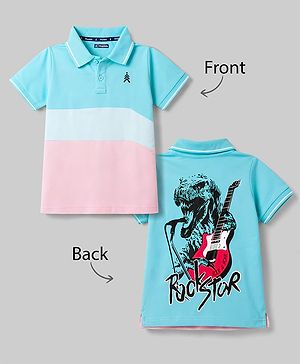 Pine Kids Cotton Knit Half Sleeves Polo T-Shirt with Colour Block Design & Dino Print in Back - Aqua & Pink