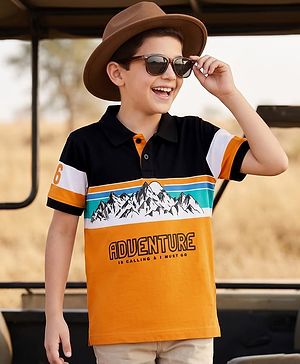 Pine Kids Cotton Knit Half Sleeves Polo T-Shirt with Adventure Print- Mustard