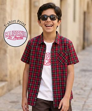 Pine Kids Cotton Woven Half Sleeves Checkered Shirt with Inner Tee - Red