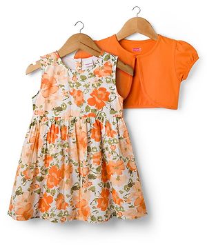Babyhug Cotton Woven Floral Printed Frock with Half Sleeves Shrug - Orange