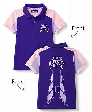 Pine Kids Cotton Knit Half Sleeves Polo T-Shirt with Colour Block Design & Text Print in Back - Purple