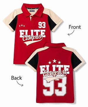 Pine Kids Cotton Knit Half Sleeves Polo T-Shirt with Colour Block Design & Text Print in Back - Red