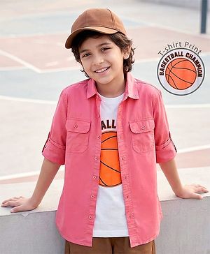 Pine Kids Cotton Woven Full Sleeves Solid Shirt With Basketball Champion Tank Top - Red