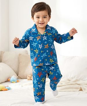 Babyhug Cotton Woven Full Sleeves Co-ord Night Suit With Star Print - Navy Blue