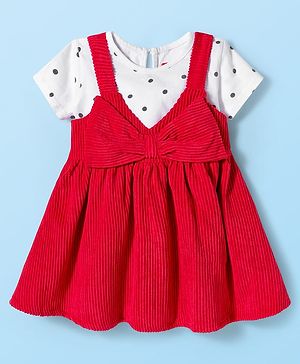 Babyhug Woven Frock with Half Sleeves Inner Tee & Bow Applique Polka Dot Print - Red & White