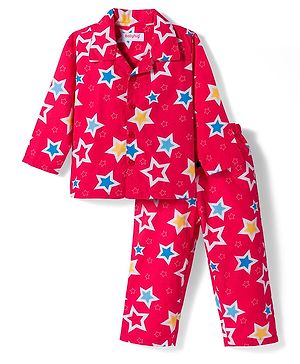 Babyhug Cotton Woven Full Sleeves Co-ord Night Suit With Star Print - Red
