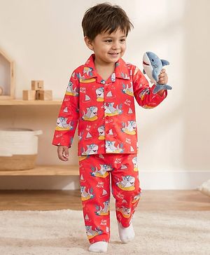 Babyhug Cotton Woven Full Sleeves Co-ord Night Suit With Shark Print - Red
